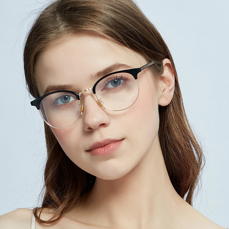 Round frame anti blue light glasses flat mirror glasses frame semi metal frame manufacturer wholesale cross mirror