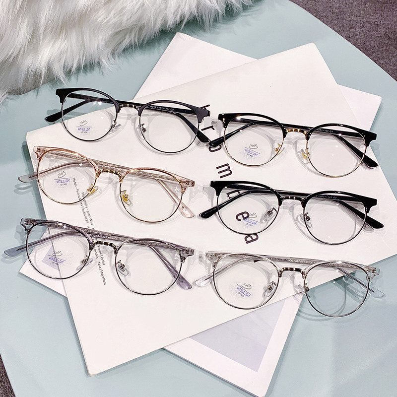 Round frame anti blue light glasses flat mirror glasses frame semi metal frame manufacturer wholesale cross mirror