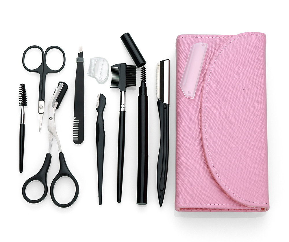 Pink 8-piece in one Set Makeup Tool Eyebrow trimmer Eyelash Scissors  Brush Pencil Eyebrow Tweezers Kit