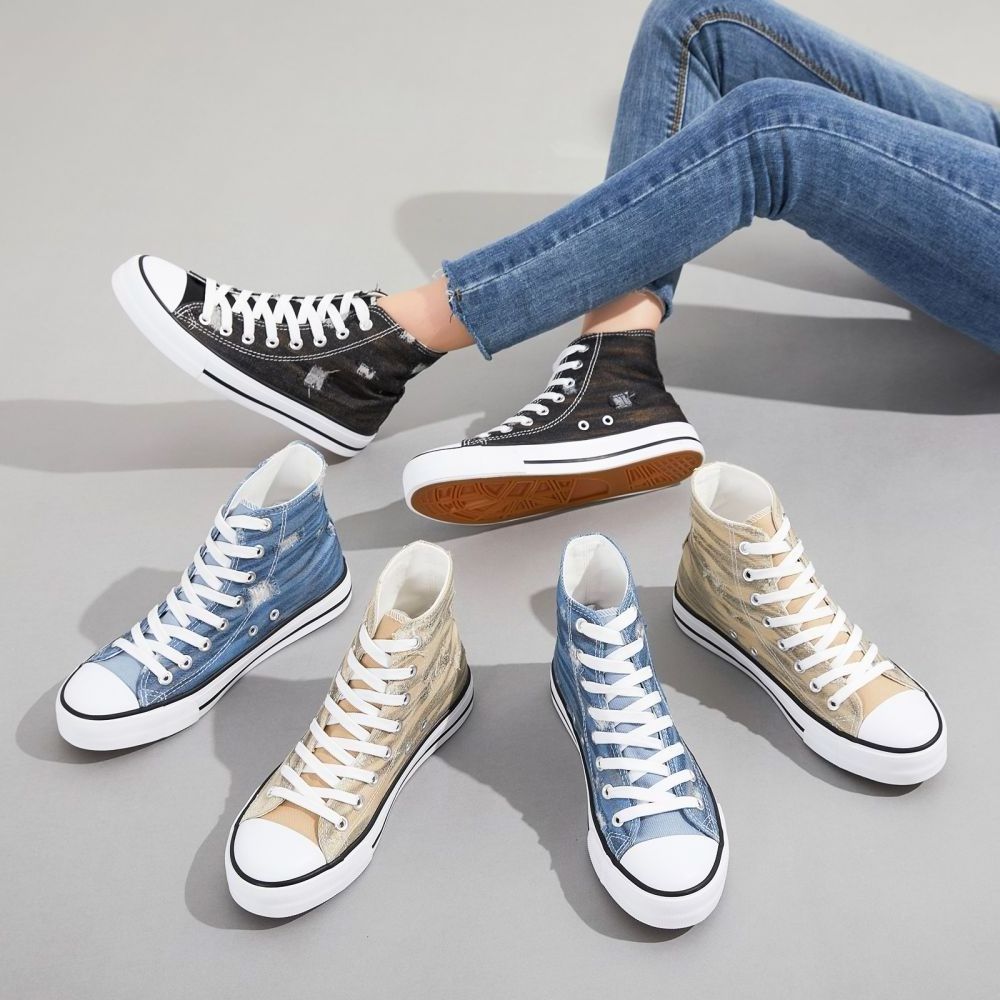 Wholesale fashion Customized logo ripped denim walking tennis custom high top canvas shoes for men women new style