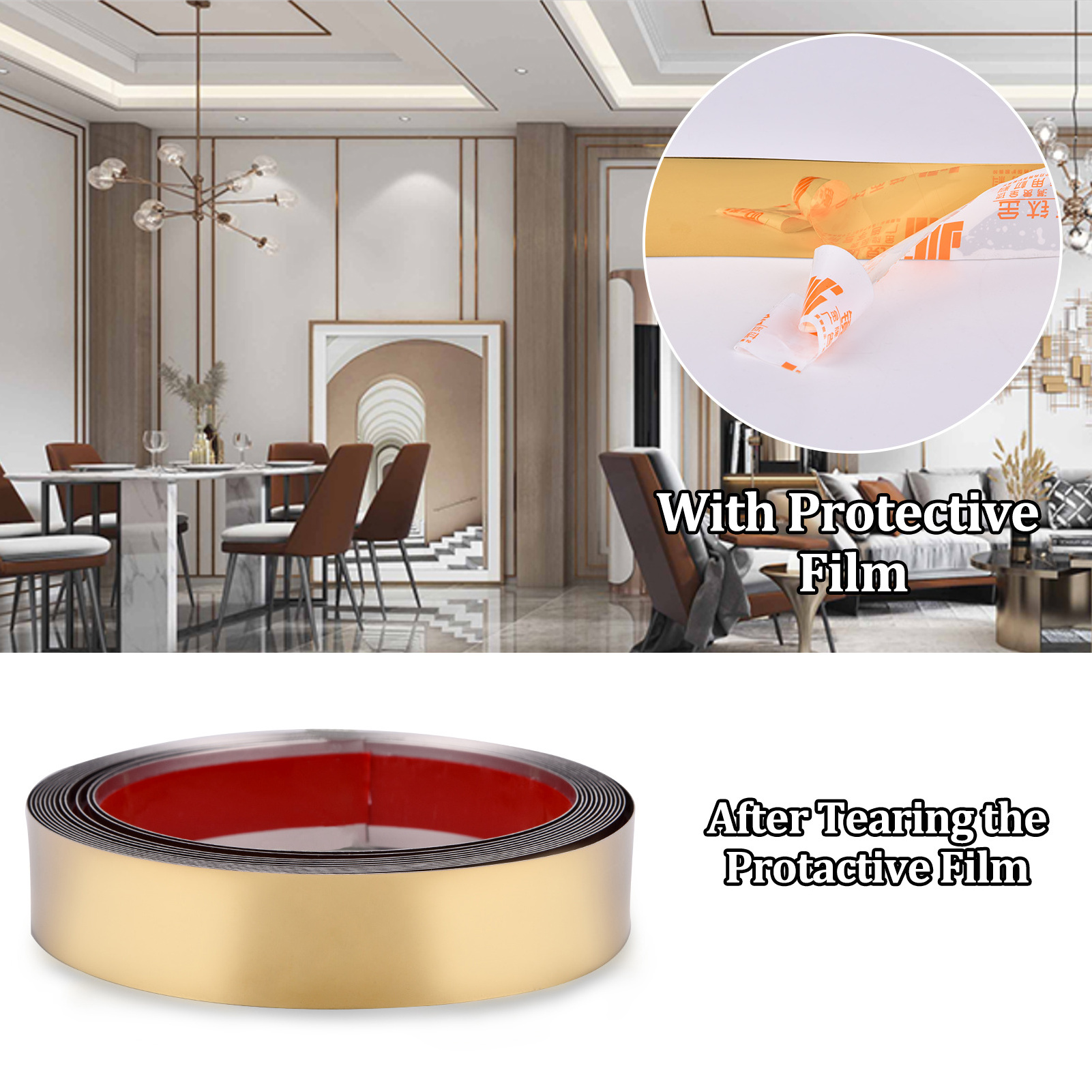 Self-adhesive 16.4ft  Gold Tape Ceramic Tile Gap Stickers Waterproof Frame Decoration molding trim for Background Wall Decor