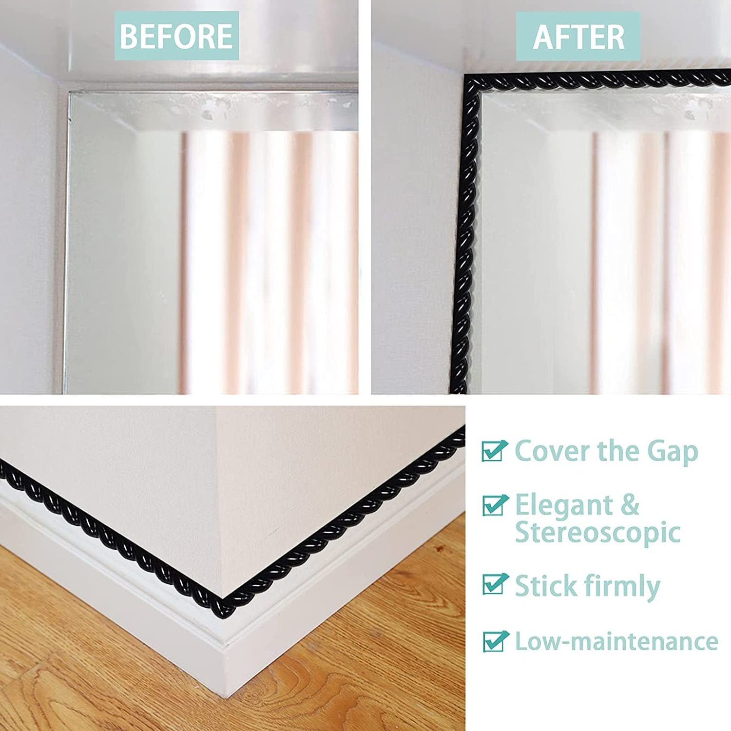 16.4ft Wall Molding Trim Self Adhesive Black Mirror Molding Trim for Door Cabinet Frame