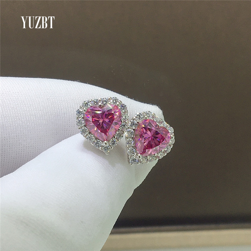 Silver 925 Original Total 2 ct Brilliant Cut Diamond Test Past  Heart Shape Pink Moissanite Party Stud Earrings Gemstone Jewelry