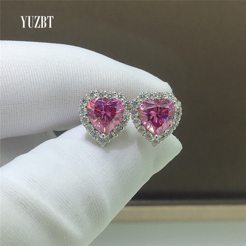 Silver 925 Original Total 2 ct Brilliant Cut Diamond Test Past  Heart Shape Pink Moissanite Party Stud Earrings Gemstone Jewelry