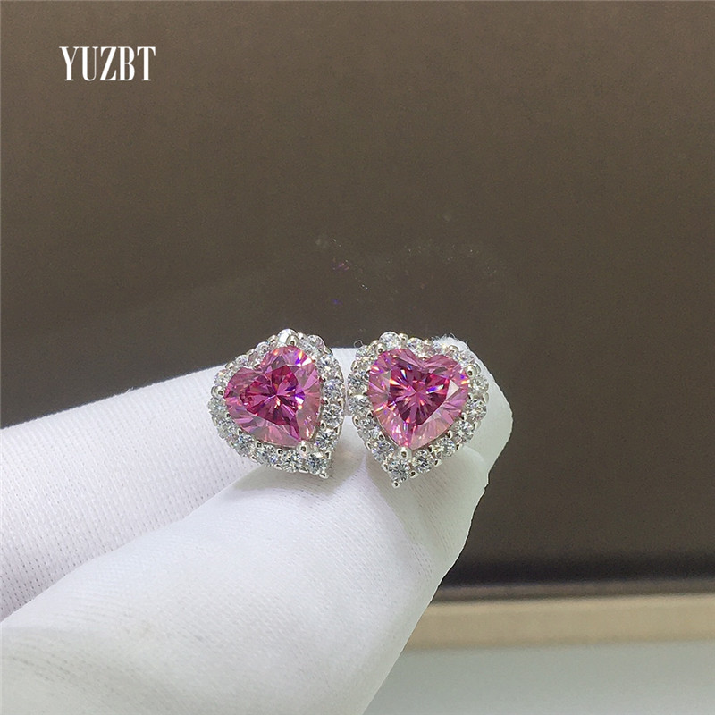 Silver 925 Original Total 2 ct Brilliant Cut Diamond Test Past  Heart Shape Pink Moissanite Party Stud Earrings Gemstone Jewelry