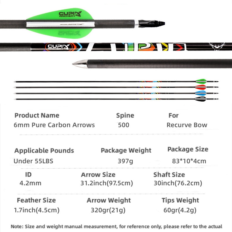 lightweight amazing pure carbon arrow shaft 4.2 green arrow costume recurve bow and arrows metal tips for sale