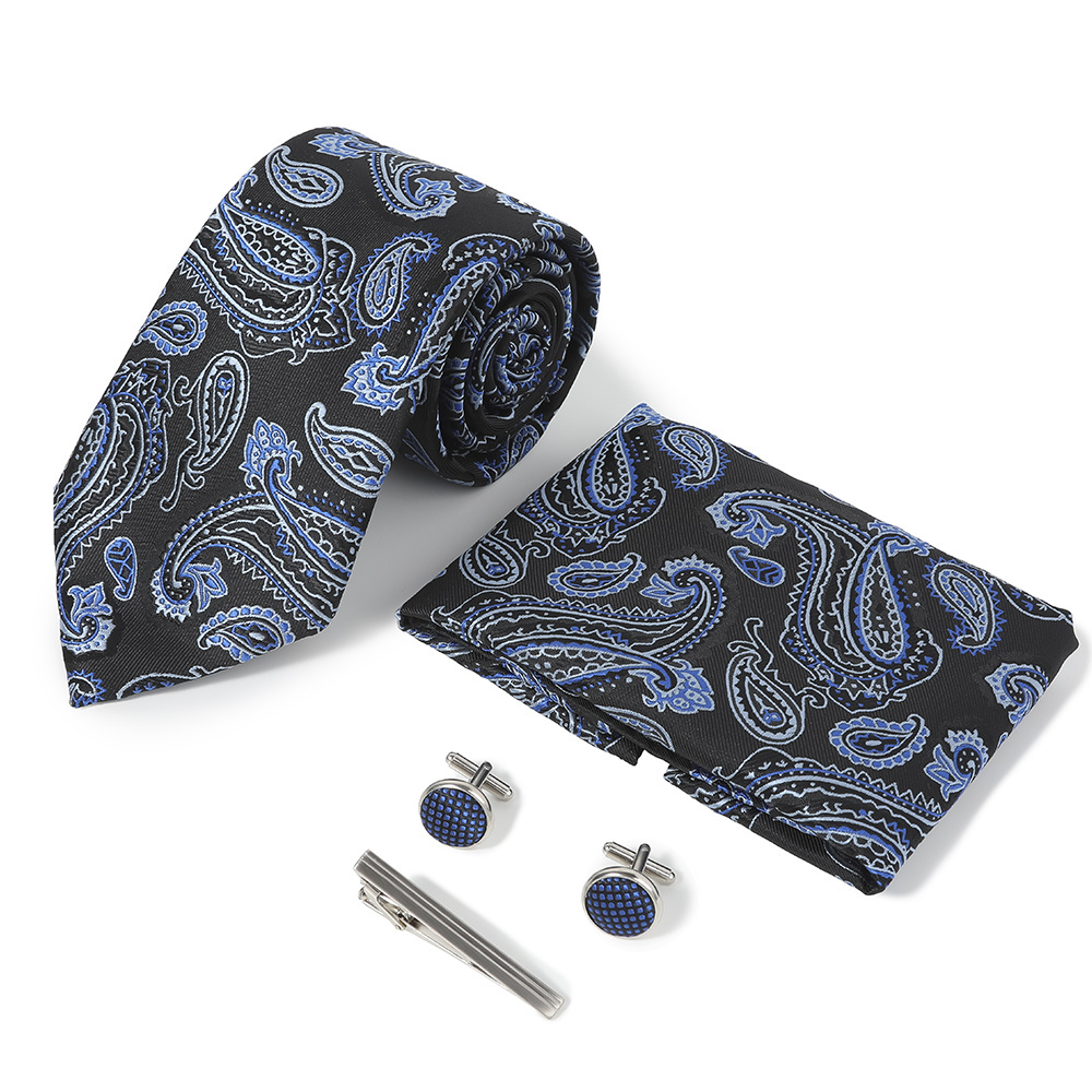 Necktie Logo Box Sets Silky Polyester Big Paisley Black Necktie Hankie Fabric Cufflinks Silver Bronze Tie Bar 4pcs Necktie Set