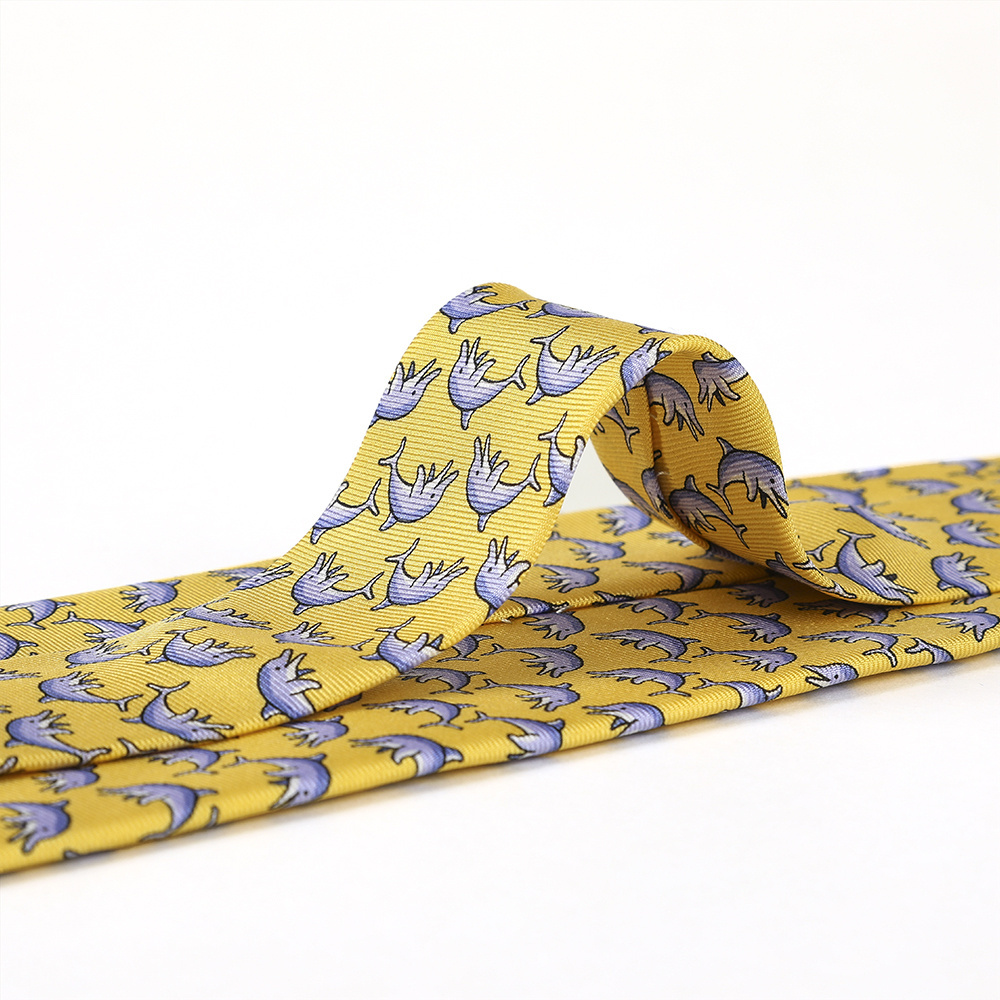 Wholesale Gold 100% Silk Hand Printed Novelty Male Slim Neckties Skinny Men Ties, Modern Sea Animal Ties