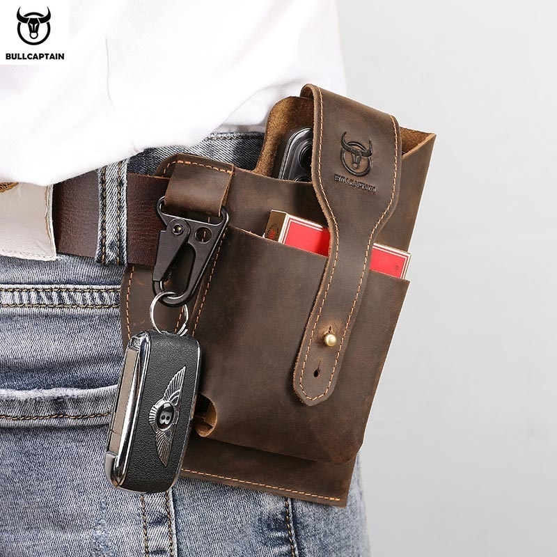 BULLCAPTAIN Crazy Horse Leather Crossbody Bag Casual Card Holder Messenger Phone Bag Adjustable Strap Mens Shoulder Phone Bag