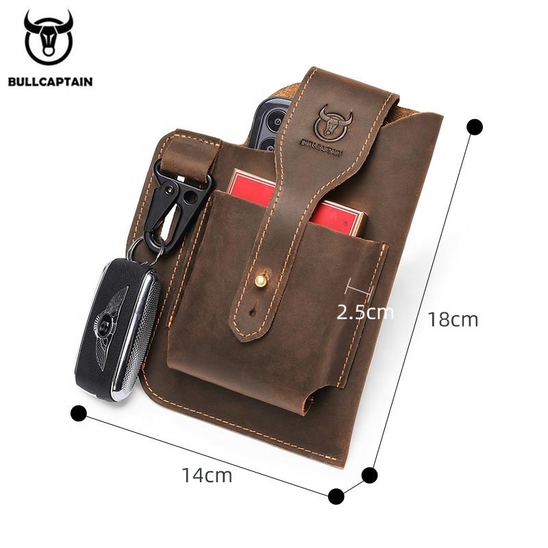 BULLCAPTAIN Crazy Horse Leather Crossbody Bag Casual Card Holder Messenger Phone Bag Adjustable Strap Mens Shoulder Phone Bag