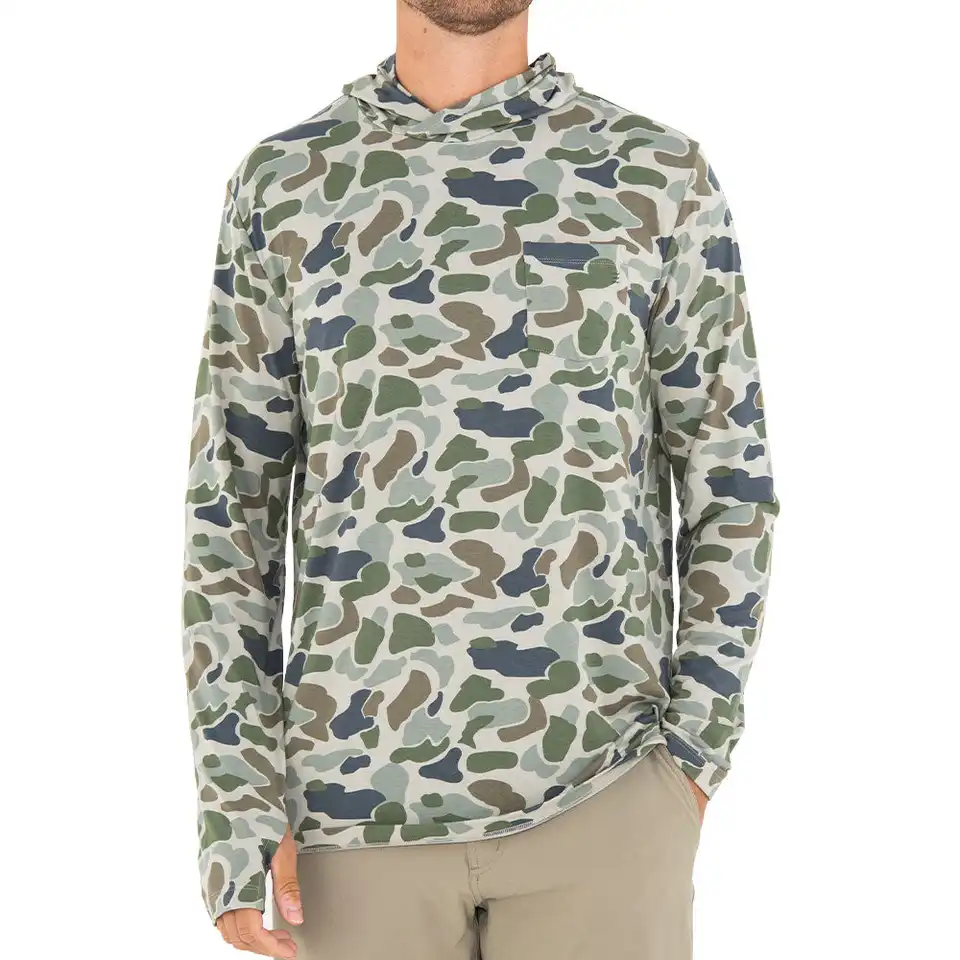 wholesale quick dry sun protection camo men's fishing shirts with hood sublimated long sleeve fishing performance shirts