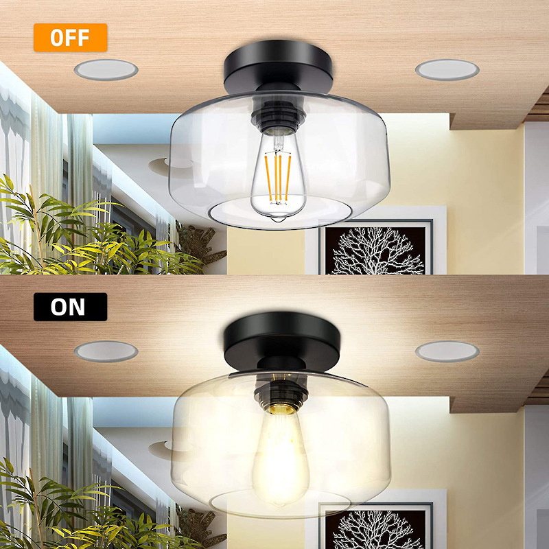 Industrial Semi Flush Mount Farmhouse Hallway Lighting Lamp Black clear Glass Ceiling Light