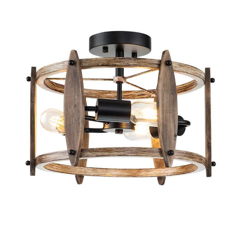 Farmhouse Retro Semi Flush Mount Vintage Metal Wooden American Wood Ceiling Lamp