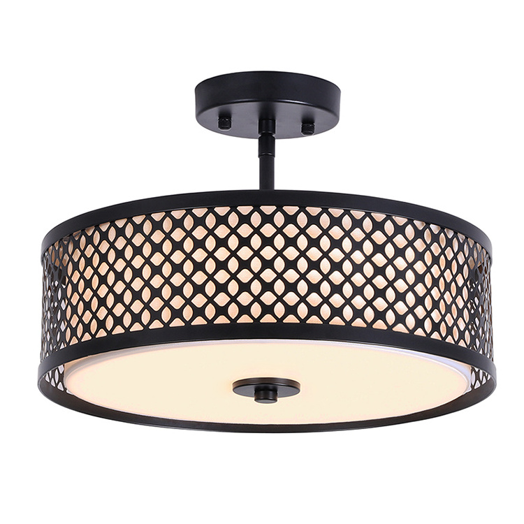 Hot Selling Hallway Living Room Semi Drum Caged Matte Black Metal Mesh 12 Inch Ceiling Led Flush Mount Light