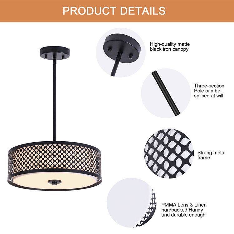 Hot Selling Hallway Living Room Semi Drum Caged Matte Black Metal Mesh 12 Inch Ceiling Led Flush Mount Light