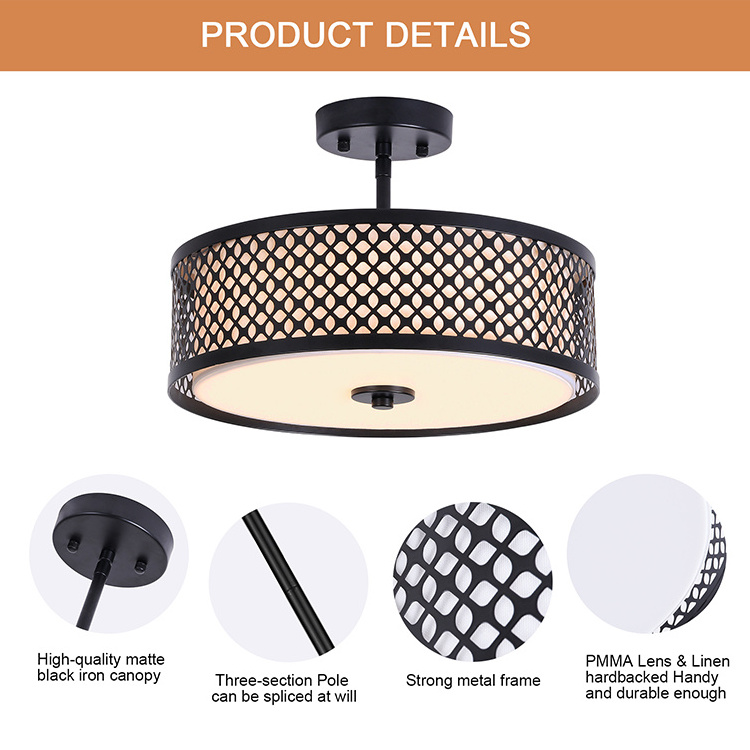 Hot Selling Hallway Living Room Semi Drum Caged Matte Black Metal Mesh 12 Inch Ceiling Led Flush Mount Light