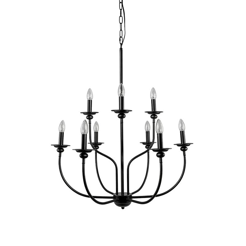 American Style Farmhouse 9 Lights Black Wrought Metal Candle Bulbs Lighting Chandelier