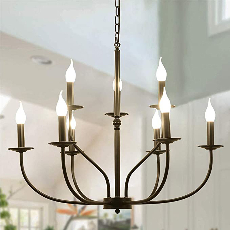 American Style Farmhouse 9 Lights Black Wrought Metal Candle Bulbs Lighting Chandelier