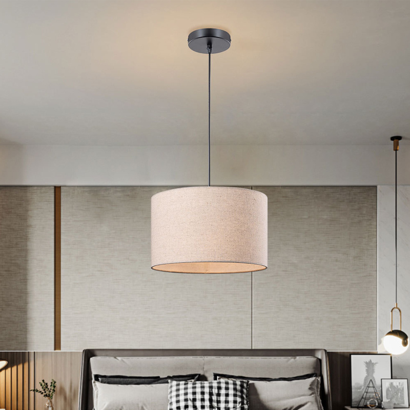 Modern Simple Traditional Cloth Lampshade Round Beige Linen Hotel Indoor Fabric Drum Pendant Light