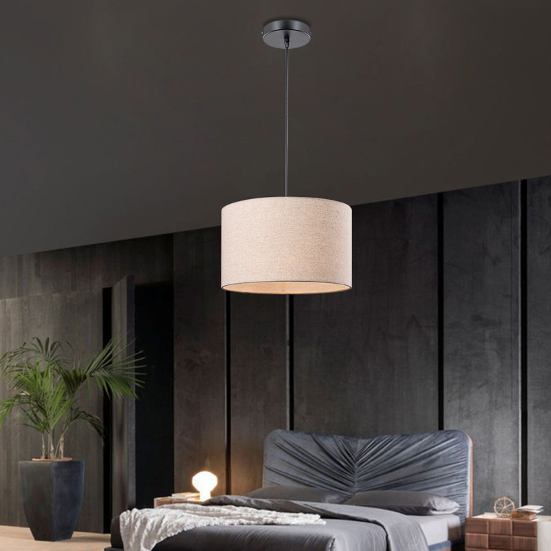 Modern Simple Traditional Cloth Lampshade Round Beige Linen Hotel Indoor Fabric Drum Pendant Light