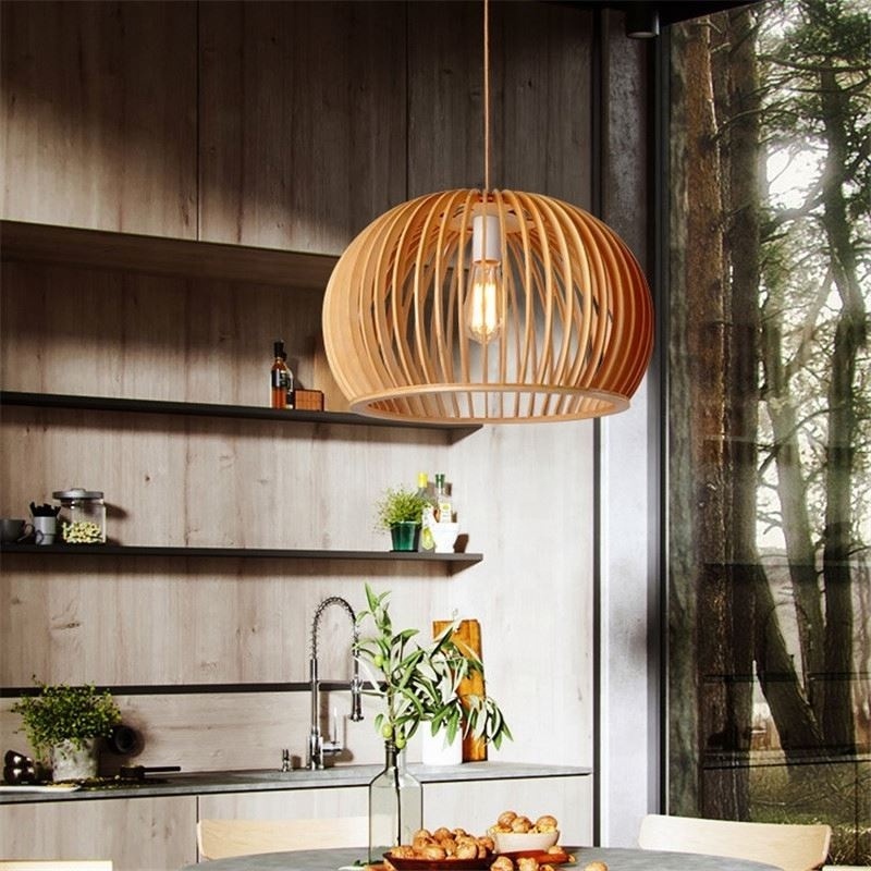 Modern Nordic Natural Solid Wooden Pendant Lights Fixture Birdcage Style Chandelier Hanging Wood Decor Light