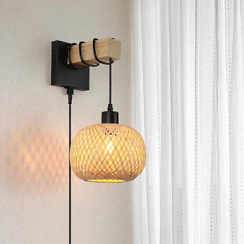 Elegant interior Bedroom decorative Wooden Sconces Mounted Handmade plug in night light Rattan Bamboo Wall Lamps