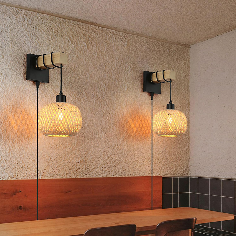 Elegant interior Bedroom decorative Wooden Sconces Mounted Handmade plug in night light Rattan Bamboo Wall Lamps