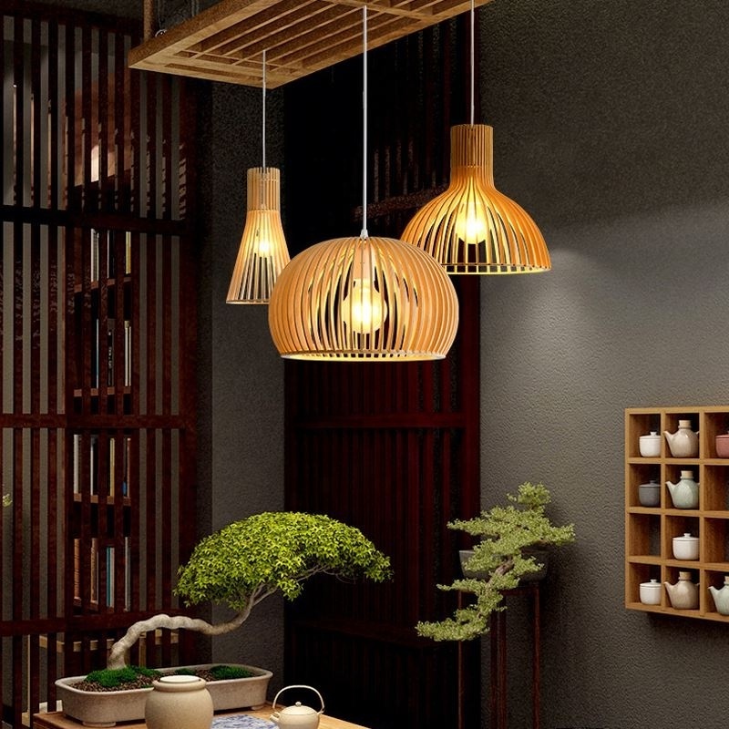 Modern Nordic Natural Solid Wooden Pendant Lights Fixture Birdcage Style Chandelier Hanging Wood Decor Light