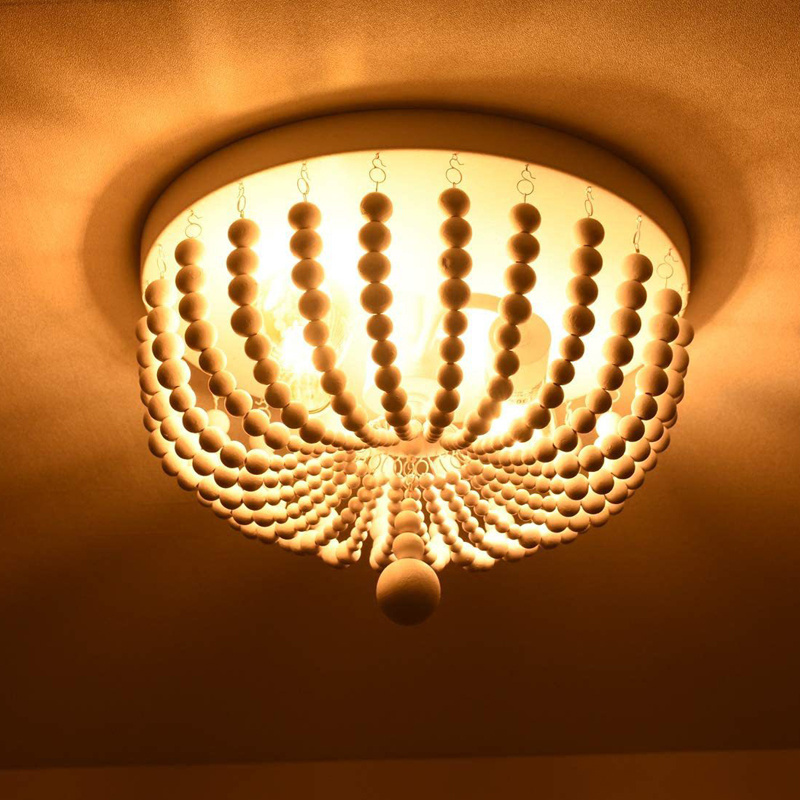 Home Decoration Wood Beads Flush Mount Bedroom Wooden Ceiling Light