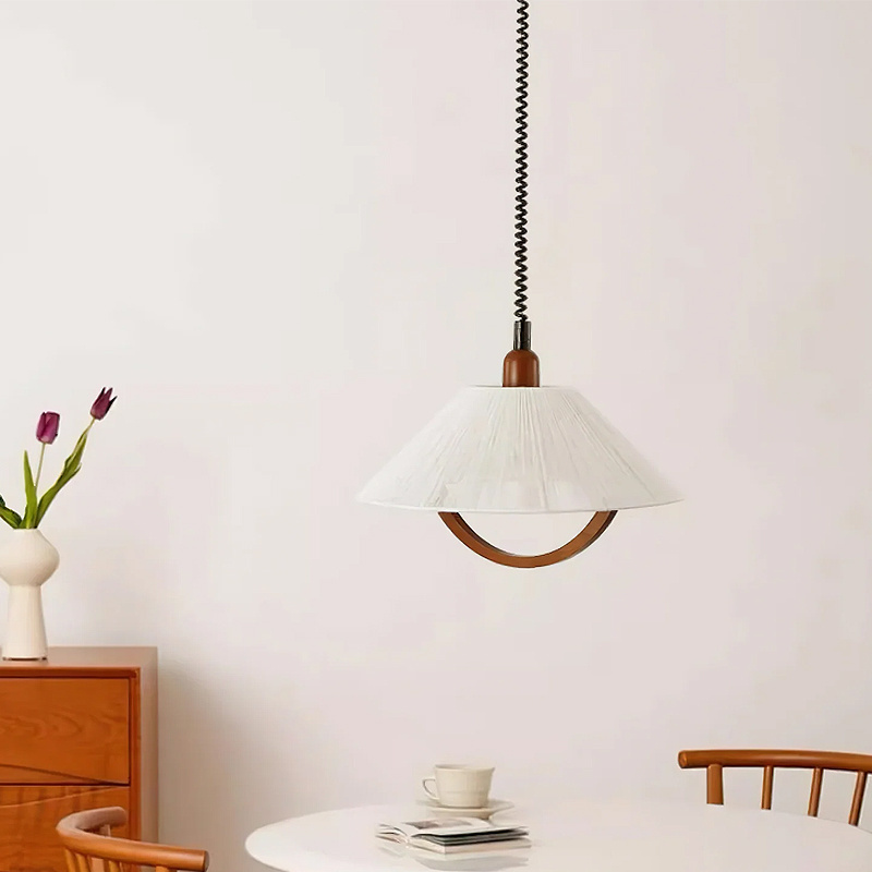 Wabi Sabi Style Solid Walnut Wood Cotton Thread Adjustable Beech Pull-Down Scandinavian Mobile Lighting Suspension Lamp