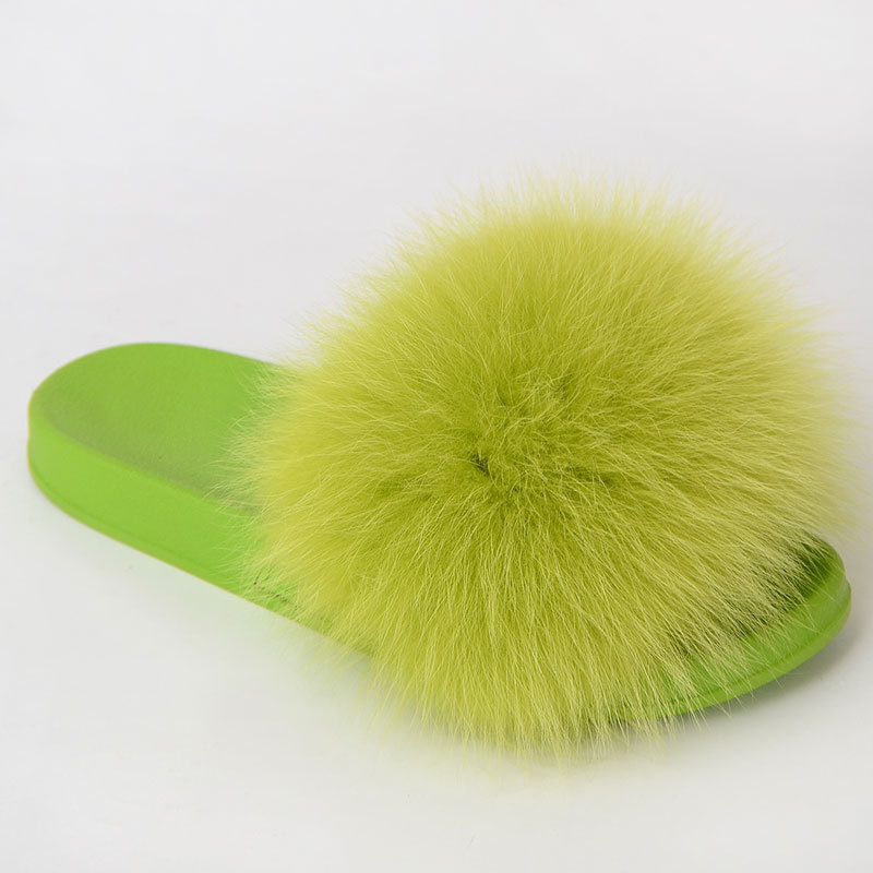 Wholesale Fashion Lady Fur Slippers Outdoor Furry Color Big Fluffy Slipper Sandals Colored Soft Bottom Chinese Real Fox Indoor