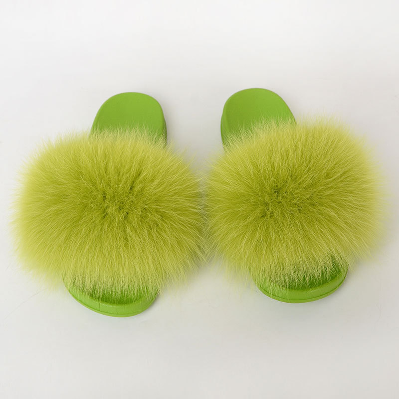 Wholesale Fashion Lady Fur Slippers Outdoor Furry Color Big Fluffy Slipper Sandals Colored Soft Bottom Chinese Real Fox Indoor