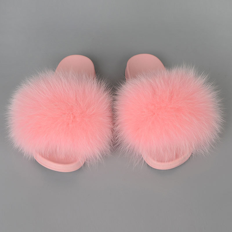 Wholesale Fashion Lady Fur Slippers Outdoor Furry Color Big Fluffy Slipper Sandals Colored Soft Bottom Chinese Real Fox Indoor