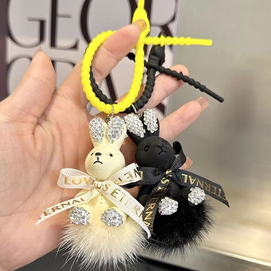 Mini Cute Resin Bunny Pendant Mink Fur Ball Plush Doll Keychain