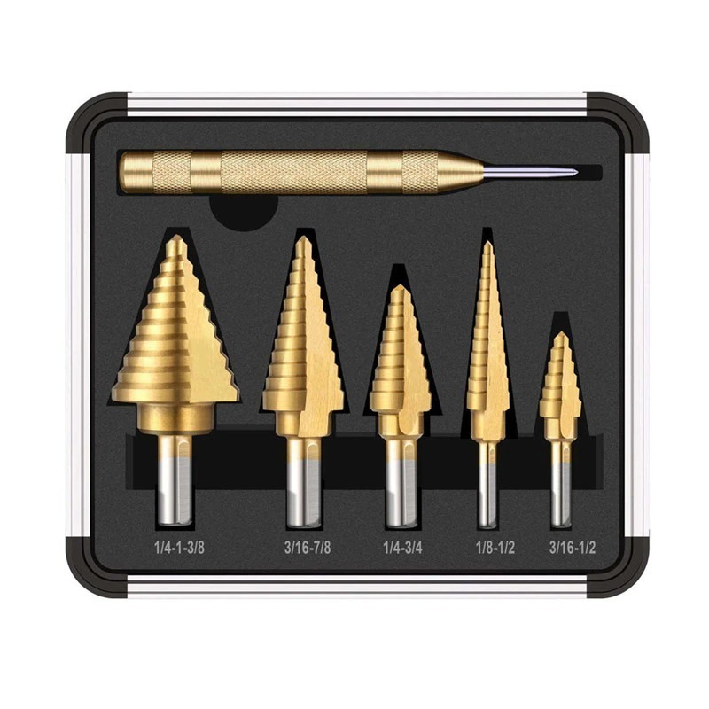 6pcs HSS Titanium Coated Step Drill Bit With Center Punch Drill Set Hole Cutter Drilling Tool Kit Set of Tools