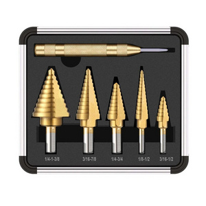 6pcs HSS Titanium Coated Step Drill Bit With Center Punch Drill Set Hole Cutter Drilling Tool Kit Set of Tools