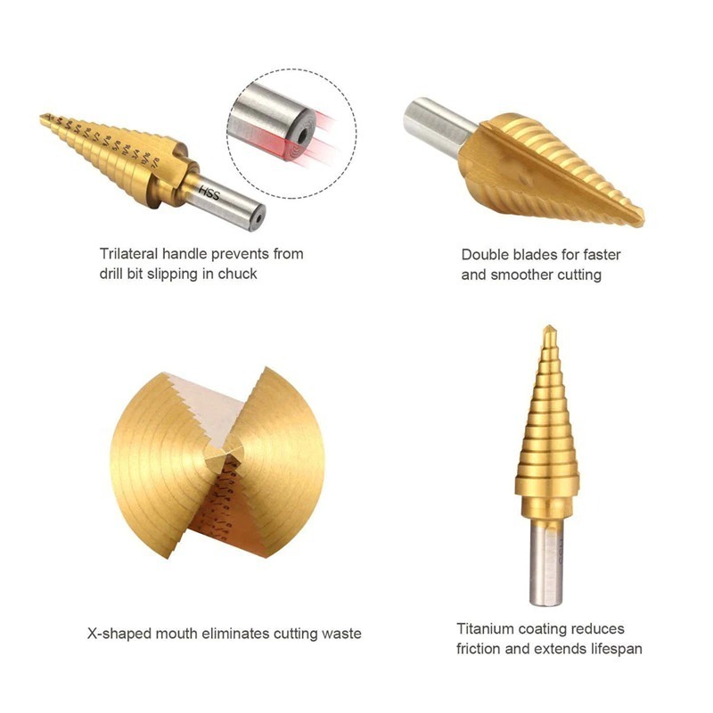 6pcs HSS Titanium Coated Step Drill Bit With Center Punch Drill Set Hole Cutter Drilling Tool Kit Set of Tools