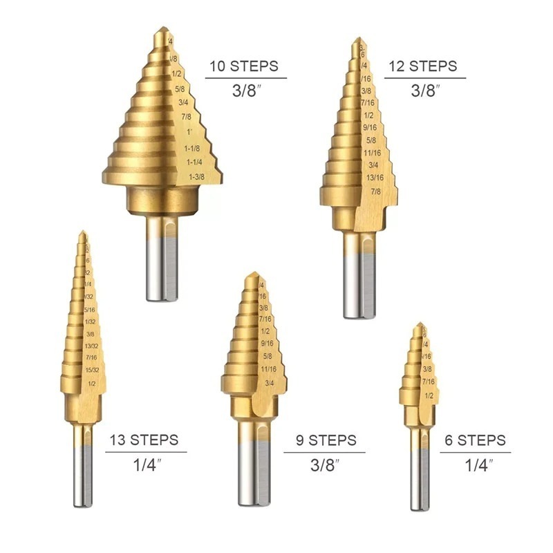 6pcs HSS Titanium Coated Step Drill Bit With Center Punch Drill Set Hole Cutter Drilling Tool Kit Set of Tools