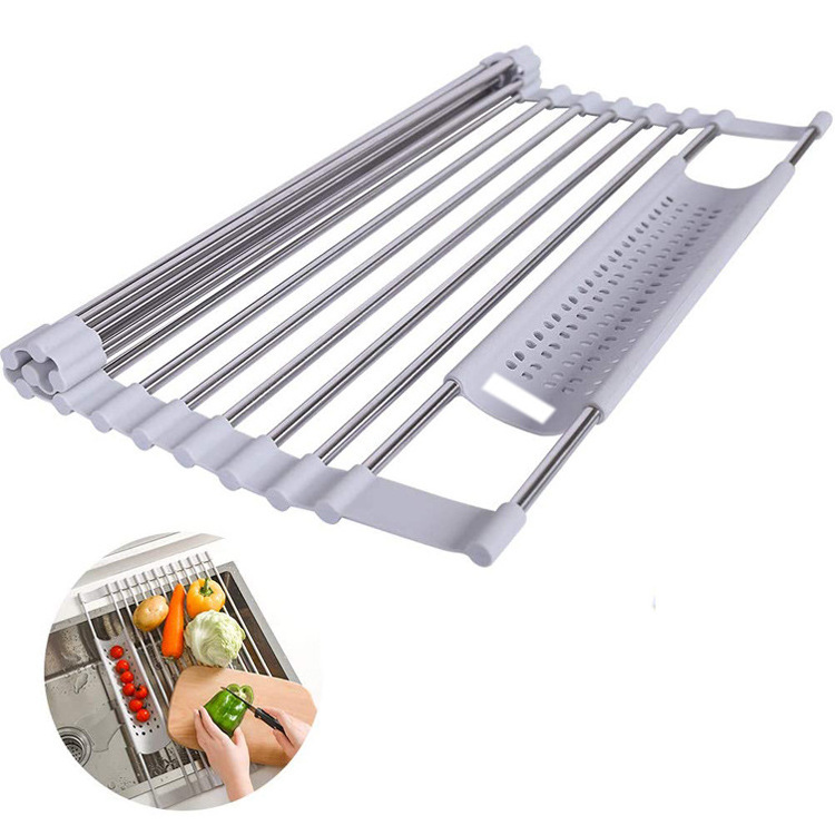 Foldable Silicone & Stainless Steel Over The Sink Kitchen Sink Roll up Dish Drainer Drying Rack with Storage Basket