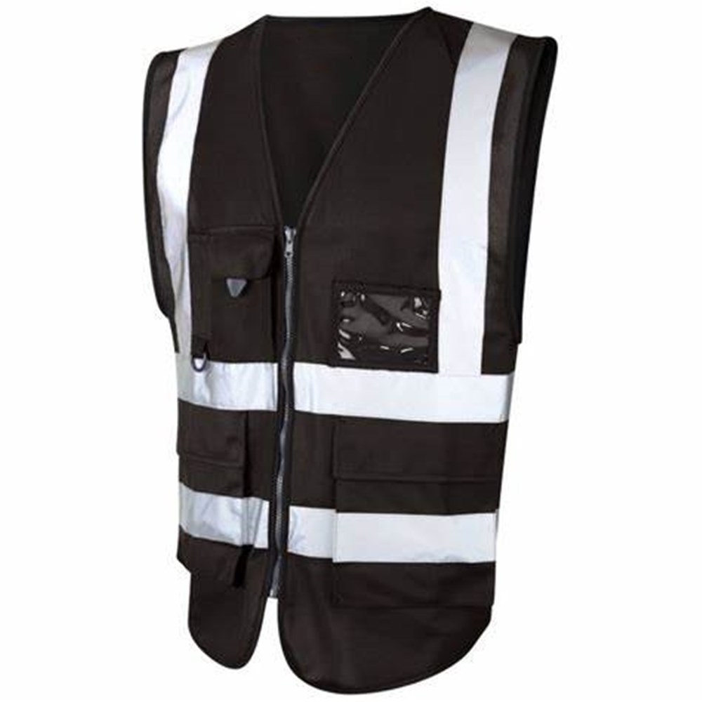 black reflective multi pockets zipper front High Visibility safety vest surveyors safety vest