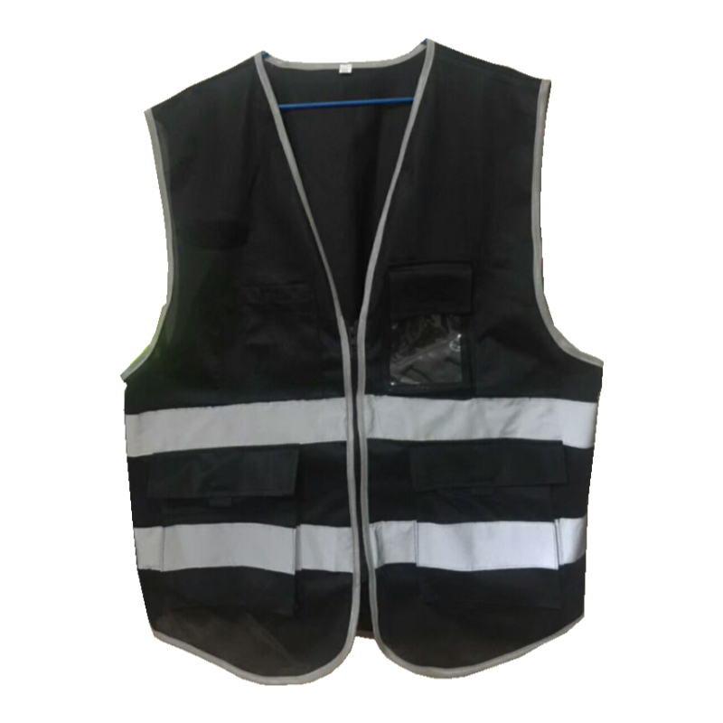 black reflective multi pockets zipper front High Visibility safety vest surveyors safety vest