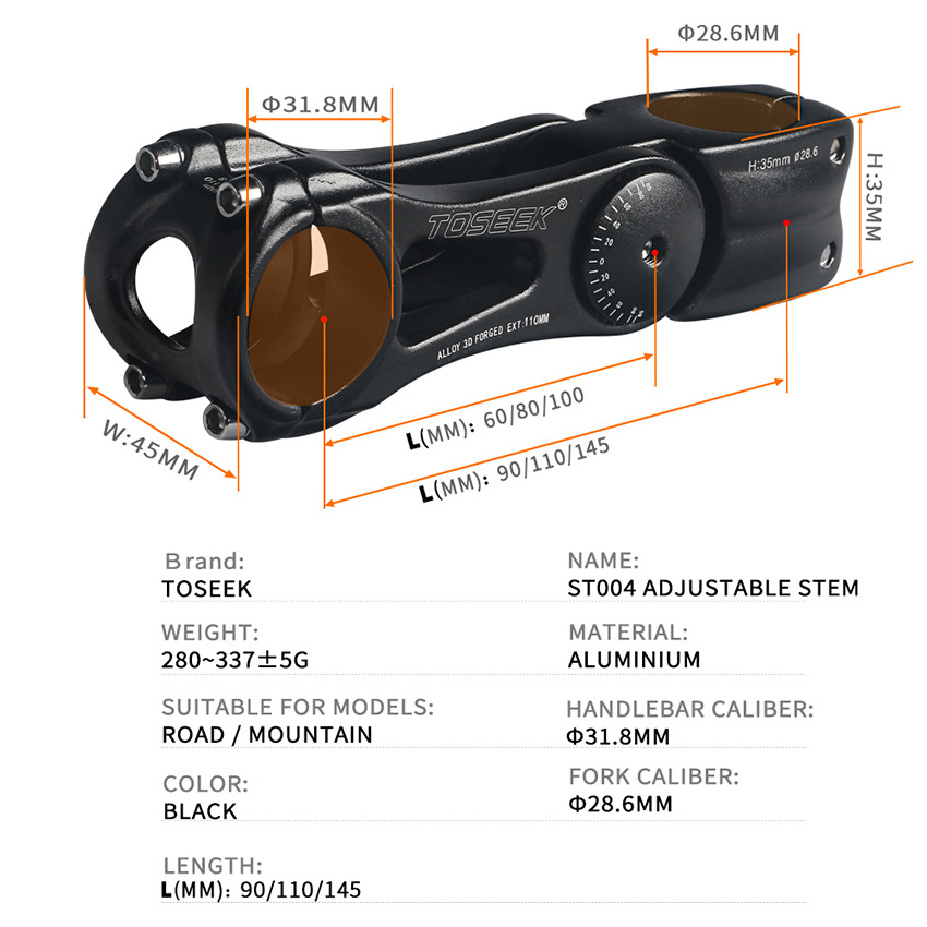 TOSEEK ST004  Length 90/110/145mm Handlebar 25.4/31.8mm Adjustable-85 To 85 Degree Bike Stem Adjustable Aluminum Bicycle Stem