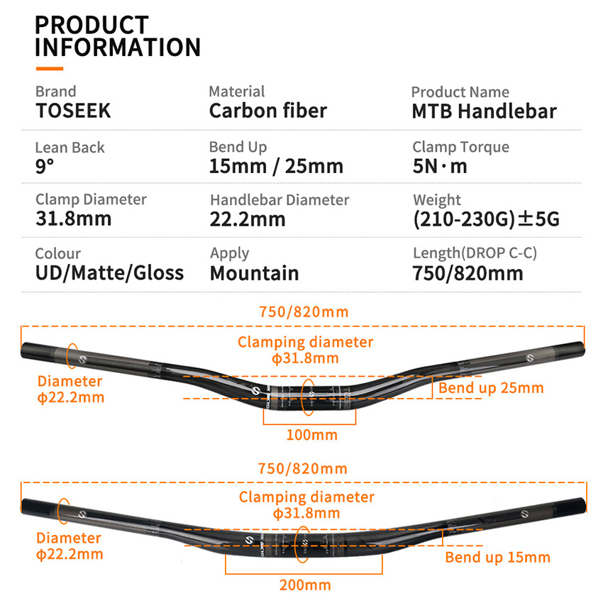 Original Production Toseek  Xc Dh Am Long 820mm Bicycle Carbon Handlebars Bike Accessories For Mountain Bike Water Motorcycle