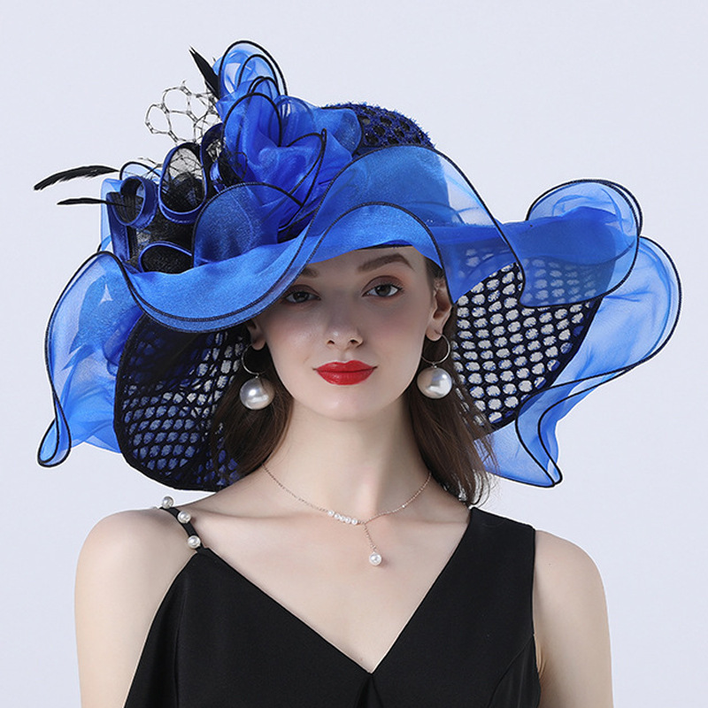 Hot selling Fashion Wide Brim Women'S Fashion Hat Organza Floral Wedding Church Hats For Ladies