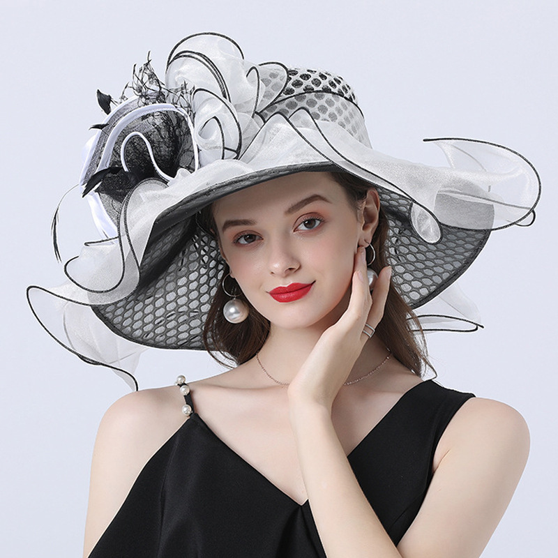 Hot selling Fashion Wide Brim Women'S Fashion Hat Organza Floral Wedding Church Hats For Ladies