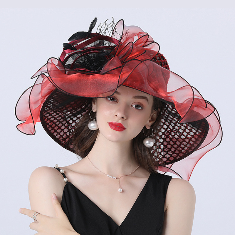 Hot selling Fashion Wide Brim Women'S Fashion Hat Organza Floral Wedding Church Hats For Ladies