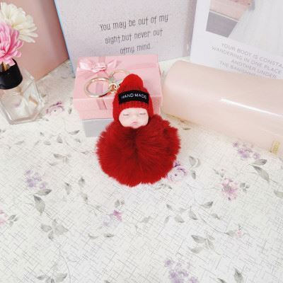 Women Holder Bag Pendant Fluffy Pom Pom Sleeping Baby Doll Key Chain Faux Knitted Hat Ball Keyring Rabbit Fur keychain