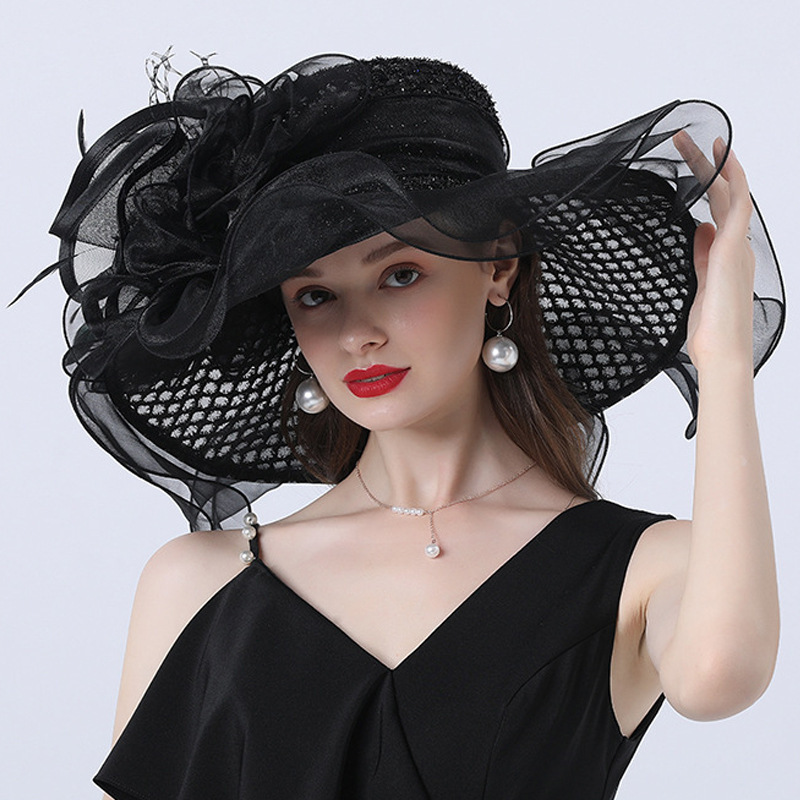 Hot selling Fashion Wide Brim Women'S Fashion Hat Organza Floral Wedding Church Hats For Ladies