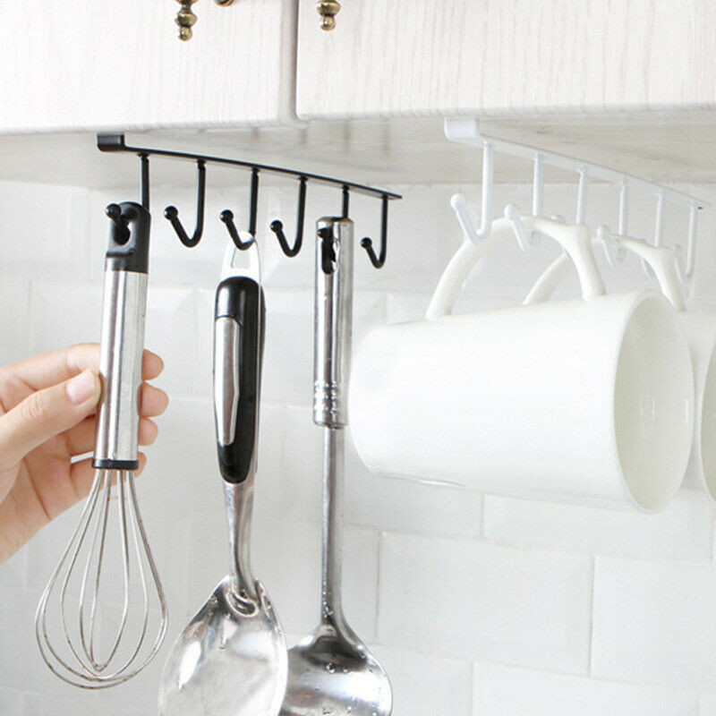 Practical 6 Hooks Cup Holder Hang Cabinet Under Shelf Organiser Hook Kitchen Cupboard Storage Rack Hanging Hooks