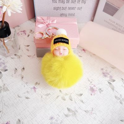 Women Holder Bag Pendant Fluffy Pom Pom Sleeping Baby Doll Key Chain Faux Knitted Hat Ball Keyring Rabbit Fur keychain